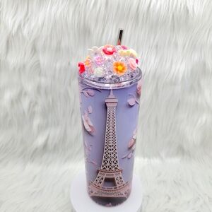 Eiffel tower with pink roses 3D tumbler drinking cup 20 Oz. with ice topper.